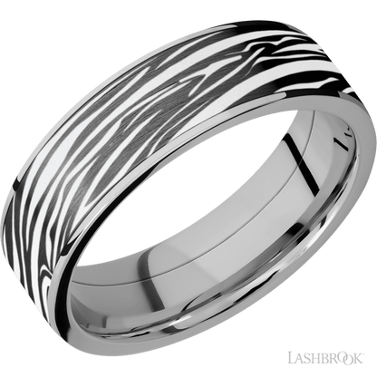 7 mm wide/Flat/Titanium band with one 6 mm Centered inlay of Zirconium with a laser carved Zebra pattern.