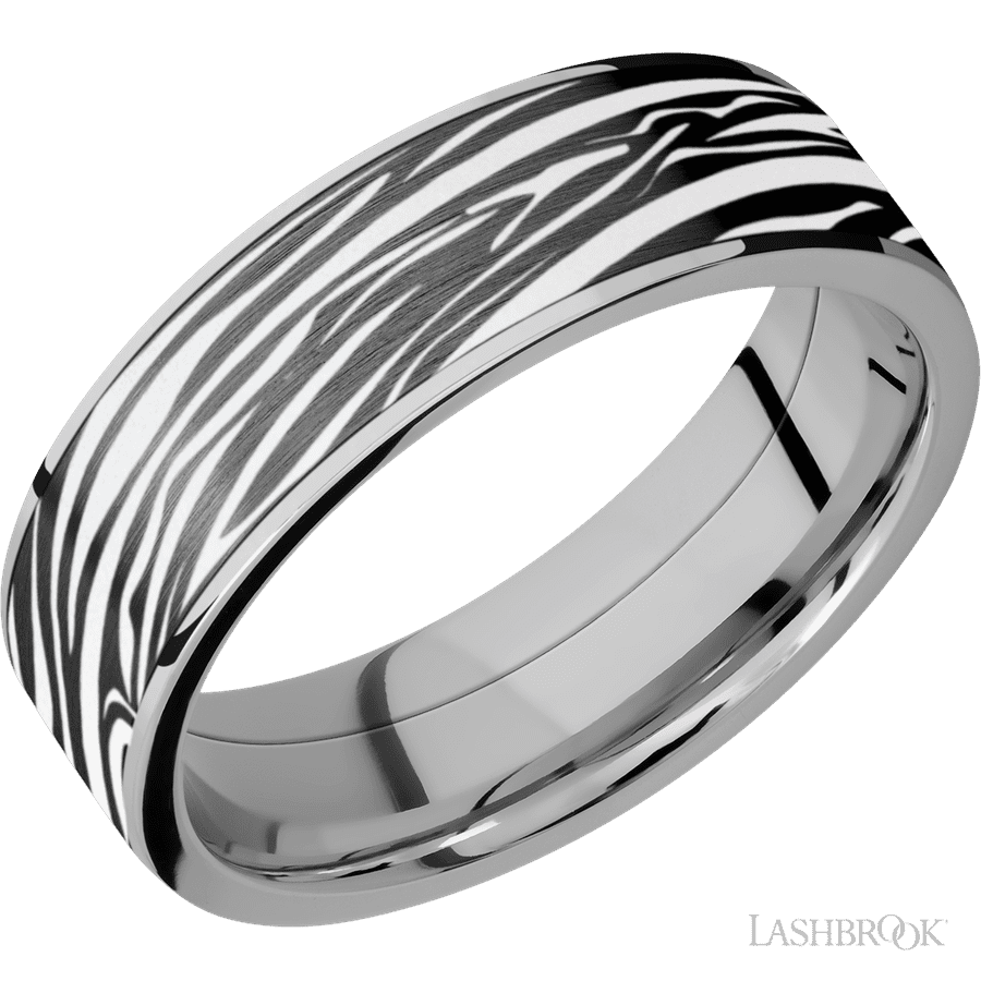7 mm wide/Flat/Titanium band with one 6 mm Centered inlay of Zirconium with a laser carved Zebra pattern.
