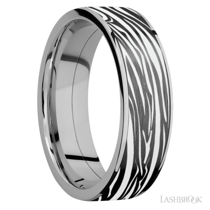 7 mm wide/Flat/Titanium band with one 6 mm Centered inlay of Zirconium with a laser carved Zebra pattern.