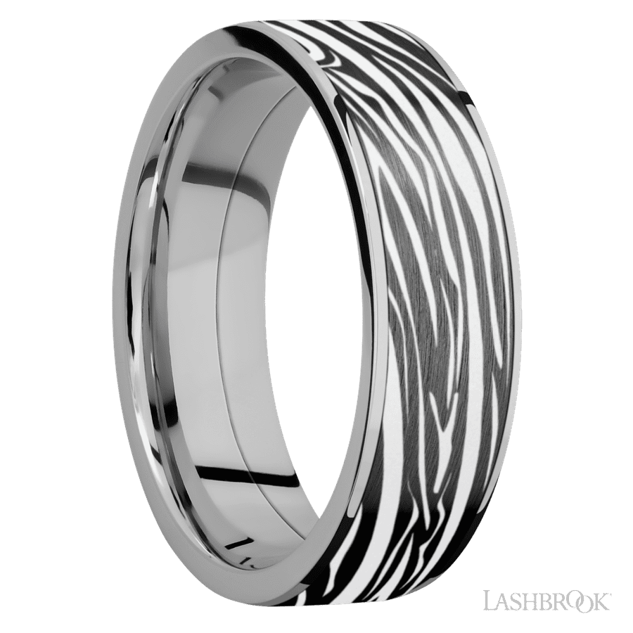 7 mm wide/Flat/Titanium band with one 6 mm Centered inlay of Zirconium with a laser carved Zebra pattern.