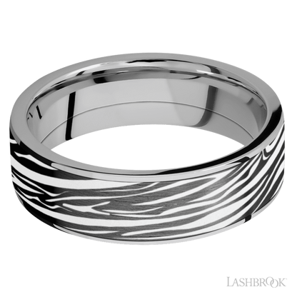 7 mm wide/Flat/Titanium band with one 6 mm Centered inlay of Zirconium with a laser carved Zebra pattern.
