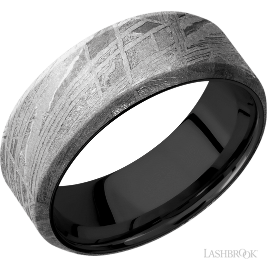 Lashbrook 8mm Beveled Meteorite Wedding Band — Zirconium Sleeve