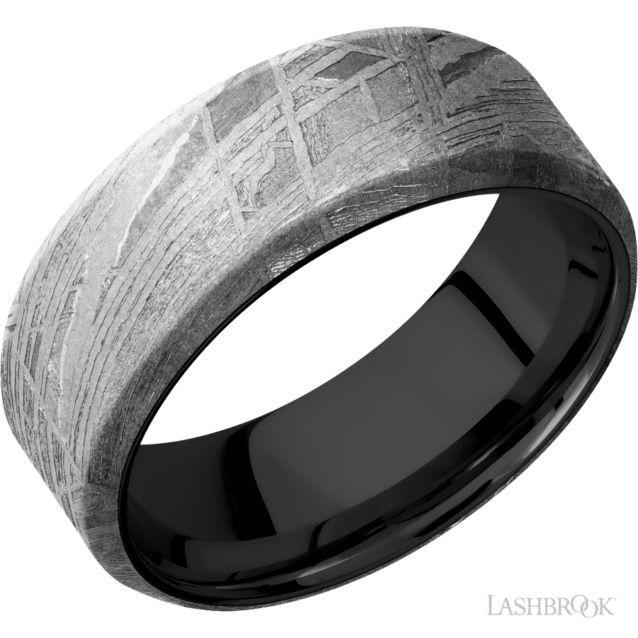 8 mm wide Beveled Meteorite band featuring a Zirconium sleeve.