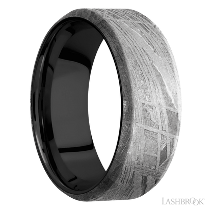 8 mm wide Beveled Meteorite band featuring a Zirconium sleeve.