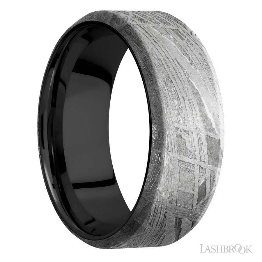 8 mm wide Beveled Meteorite band featuring a Zirconium sleeve.