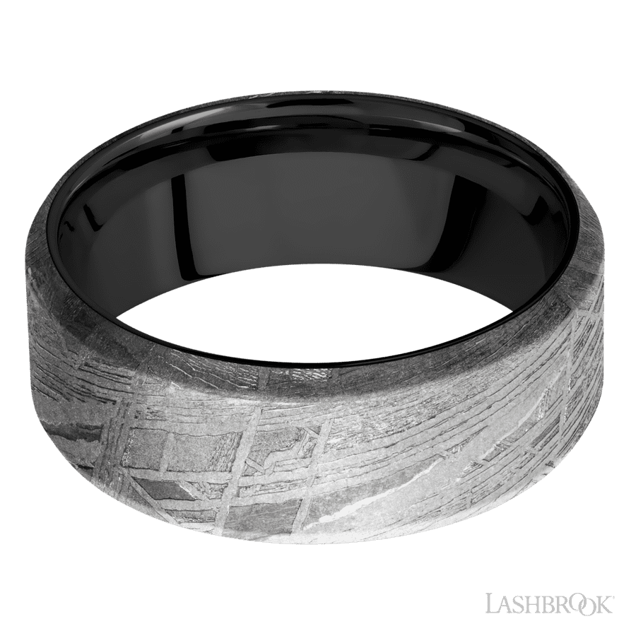 8 mm wide Beveled Meteorite band featuring a Zirconium sleeve.