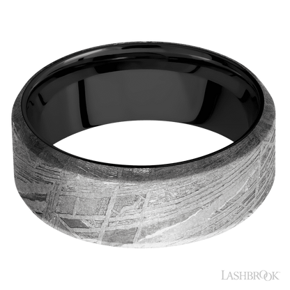 8 mm wide Beveled Meteorite band featuring a Zirconium sleeve.