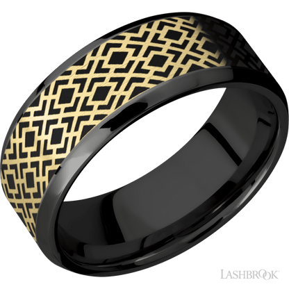 8 mm wide/Beveled/Zirconium band with one 6 mm Centered inlay of 14K Yellow Gold with a laser carved Trellis 2 pattern.