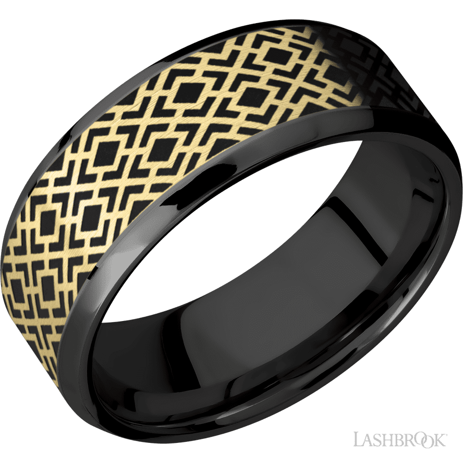 8 mm wide/Beveled/Zirconium band with one 6 mm Centered inlay of 14K Yellow Gold with a laser carved Trellis 2 pattern.