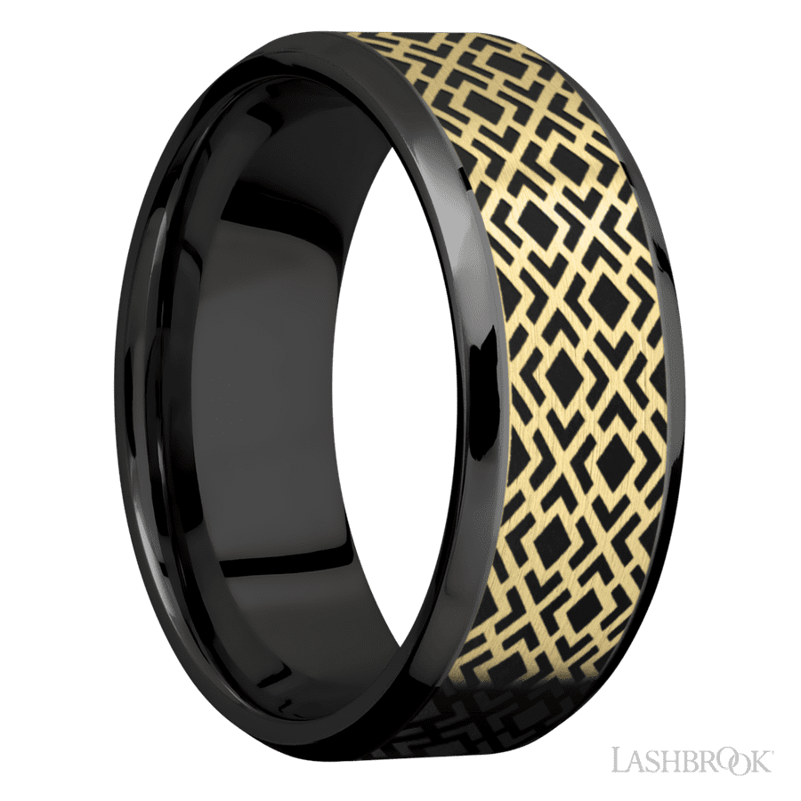 8 mm wide/Beveled/Zirconium band with one 6 mm Centered inlay of 14K Yellow Gold with a laser carved Trellis 2 pattern.