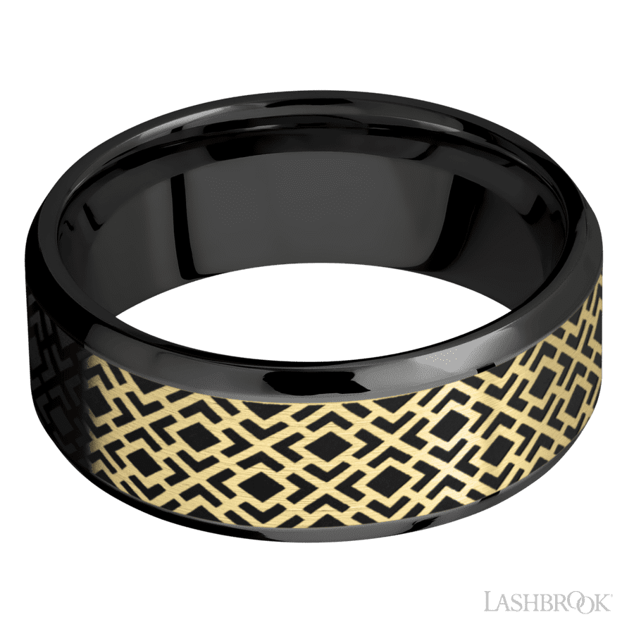 8 mm wide/Beveled/Zirconium band with one 6 mm Centered inlay of 14K Yellow Gold with a laser carved Trellis 2 pattern.