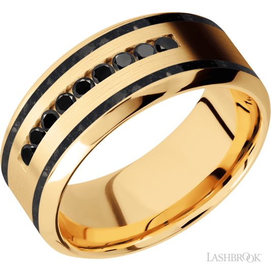 9 mm wide/High Bevel/14K Yellow Gold band with  two 1 mm Wide inlays of Black Onyx and featuring an  arrangement of 9, .03 carat Round Black Diamond stones in a Channel setting