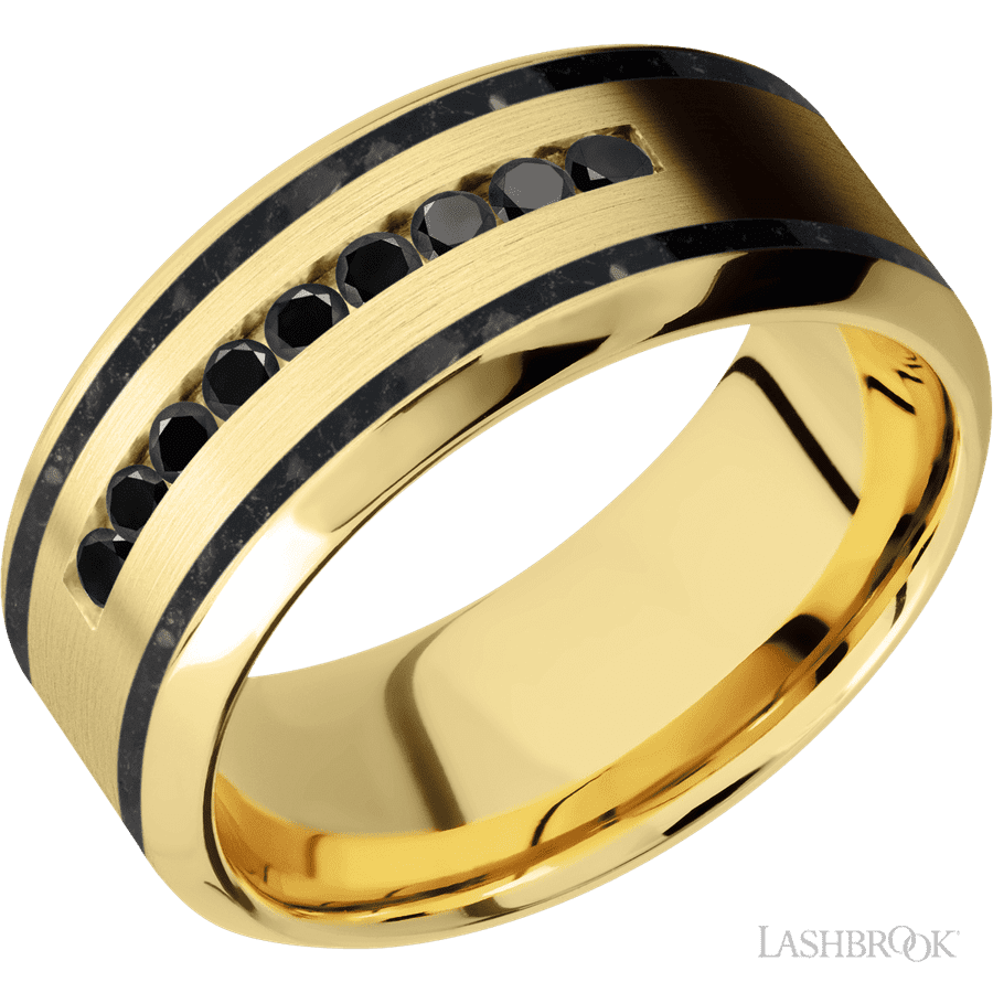 9 mm wide/High Bevel/14K Yellow Gold band with  two 1 mm Wide inlays of Black Onyx and featuring an  arrangement of 9, .03 carat Round Black Diamond stones in a Channel setting