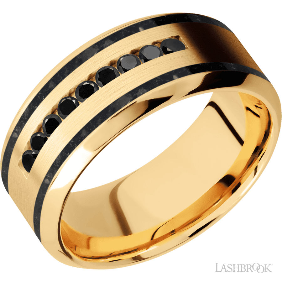 9 mm wide/High Bevel/14K Yellow Gold band with  two 1 mm Wide inlays of Black Onyx and featuring an  arrangement of 9, .03 carat Round Black Diamond stones in a Channel setting