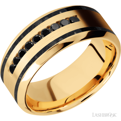 9 mm wide/High Bevel/14K Yellow Gold band with  two 1 mm Wide inlays of Black Onyx and featuring an  arrangement of 9, .03 carat Round Black Diamond stones in a Channel setting