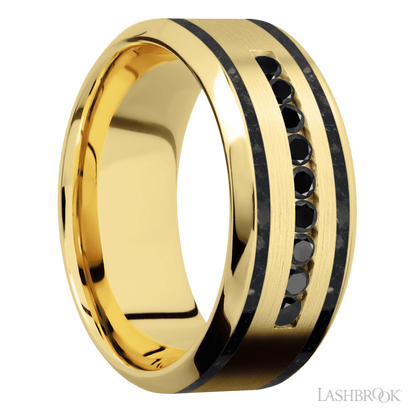 9 mm wide/High Bevel/14K Yellow Gold band with  two 1 mm Wide inlays of Black Onyx and featuring an  arrangement of 9, .03 carat Round Black Diamond stones in a Channel setting