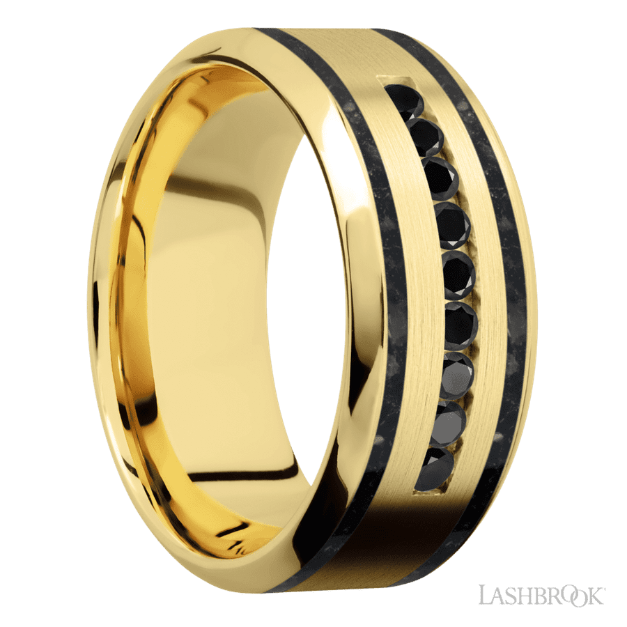 9 mm wide/High Bevel/14K Yellow Gold band with  two 1 mm Wide inlays of Black Onyx and featuring an  arrangement of 9, .03 carat Round Black Diamond stones in a Channel setting