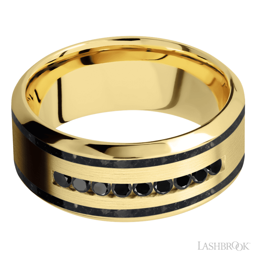 9 mm wide/High Bevel/14K Yellow Gold band with  two 1 mm Wide inlays of Black Onyx and featuring an  arrangement of 9, .03 carat Round Black Diamond stones in a Channel setting