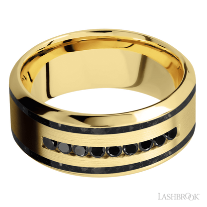 9 mm wide/High Bevel/14K Yellow Gold band with  two 1 mm Wide inlays of Black Onyx and featuring an  arrangement of 9, .03 carat Round Black Diamond stones in a Channel setting
