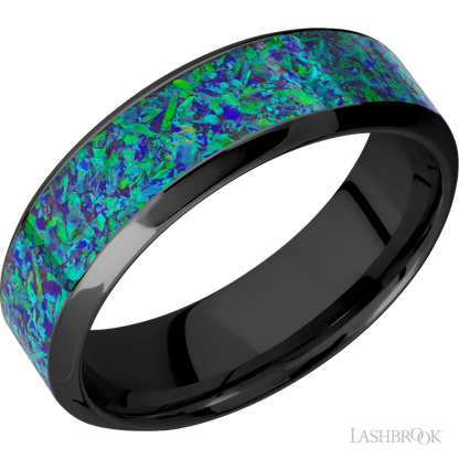 7 mm wide/High Bevel/Zirconium band with one 4 mm Centered inlay of Green Opal.