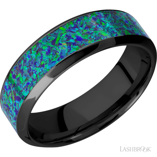 Lashbrook 7mm High Bevel Zirconium Wedding Band — Green Opal Inlay