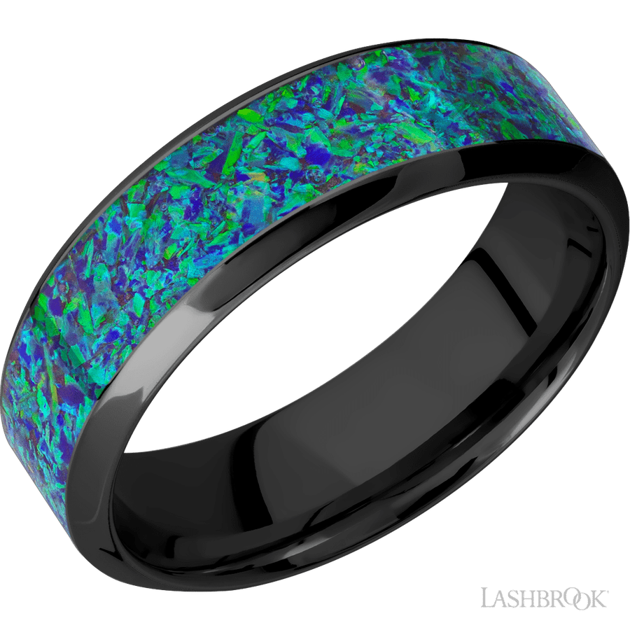 7 mm wide/High Bevel/Zirconium band with one 4 mm Centered inlay of Green Opal.