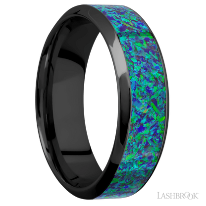 7 mm wide/High Bevel/Zirconium band with one 4 mm Centered inlay of Green Opal.