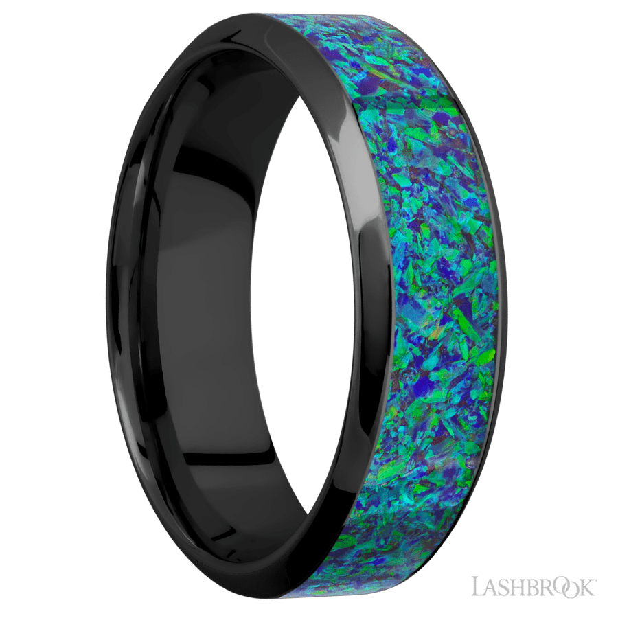 7 mm wide/High Bevel/Zirconium band with one 4 mm Centered inlay of Green Opal.
