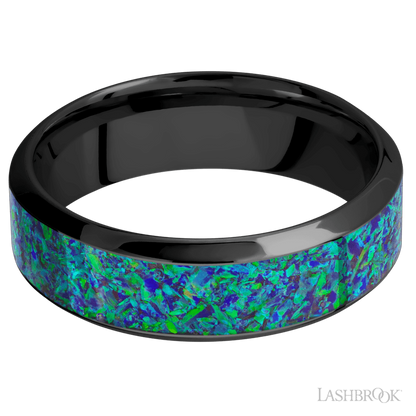 7 mm wide/High Bevel/Zirconium band with one 4 mm Centered inlay of Green Opal.