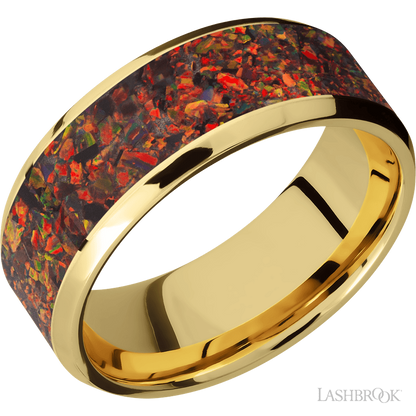 8 mm wide/Beveled/14K Yellow Gold band with one 6 mm Centered inlay of Red Opal.