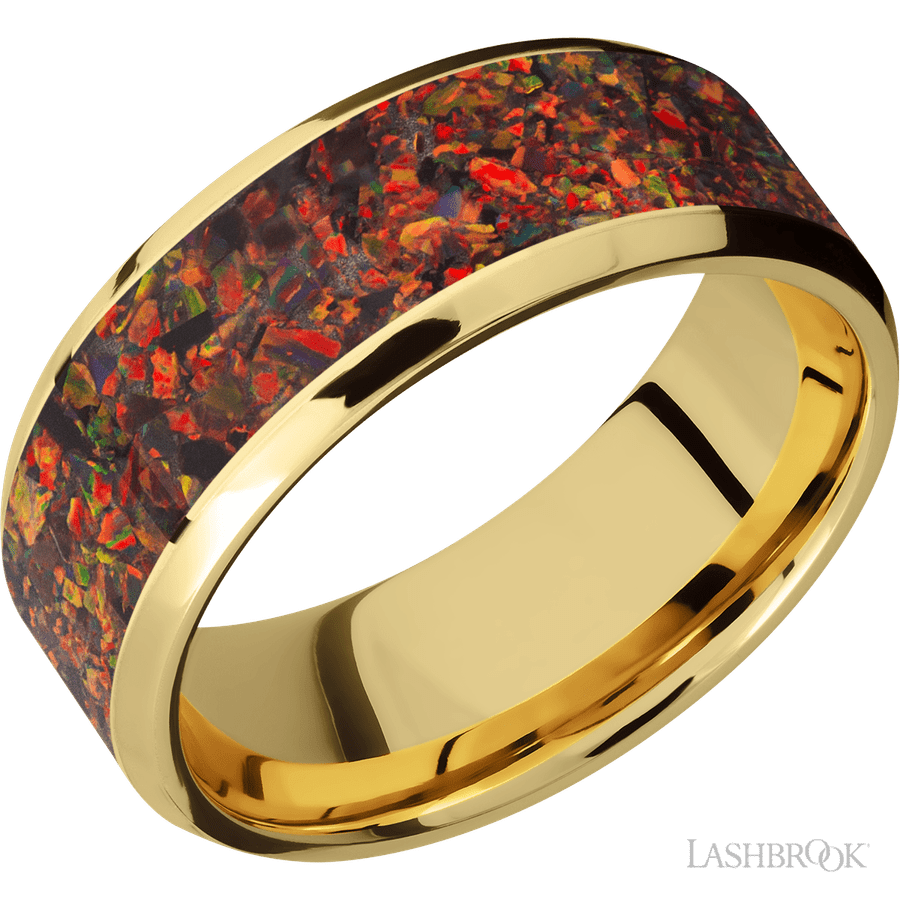 8 mm wide/Beveled/14K Yellow Gold band with one 6 mm Centered inlay of Red Opal.