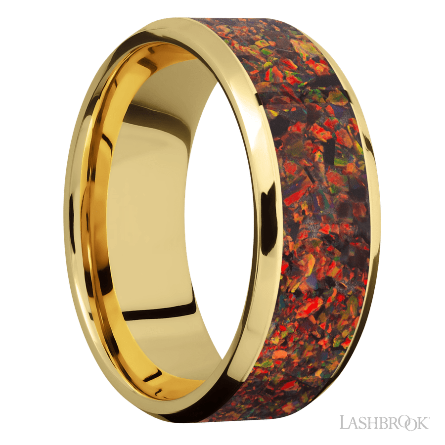 8 mm wide/Beveled/14K Yellow Gold band with one 6 mm Centered inlay of Red Opal.