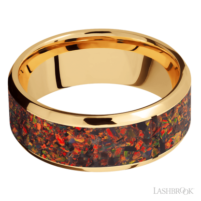 8 mm wide/Beveled/14K Yellow Gold band with one 6 mm Centered inlay of Red Opal.