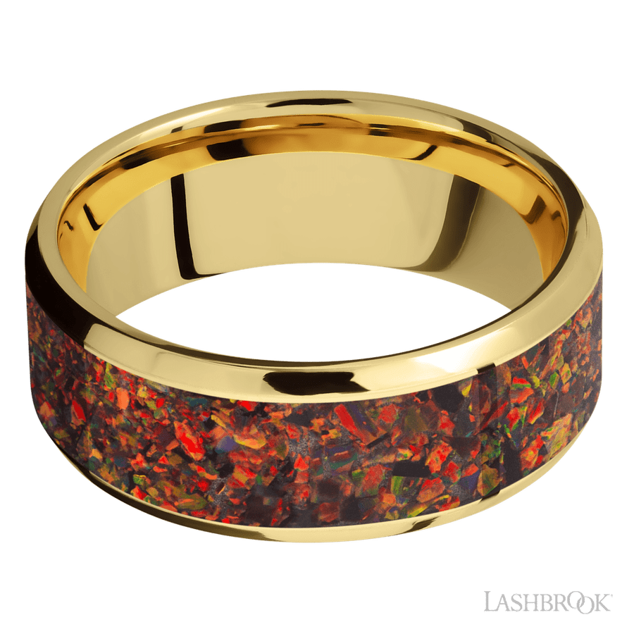 8 mm wide/Beveled/14K Yellow Gold band with one 6 mm Centered inlay of Red Opal.