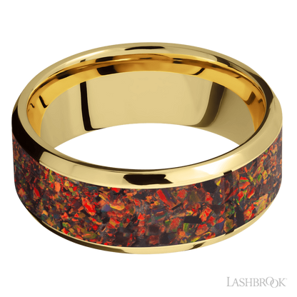 8 mm wide/Beveled/14K Yellow Gold band with one 6 mm Centered inlay of Red Opal.