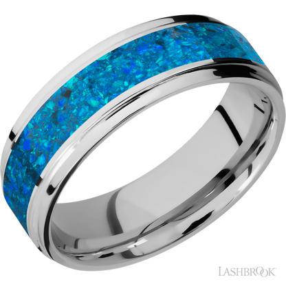 7 mm wide/Flat Grooved Edges/Cobalt Chrome band with one 4 mm Centered inlay of Blue Opal.