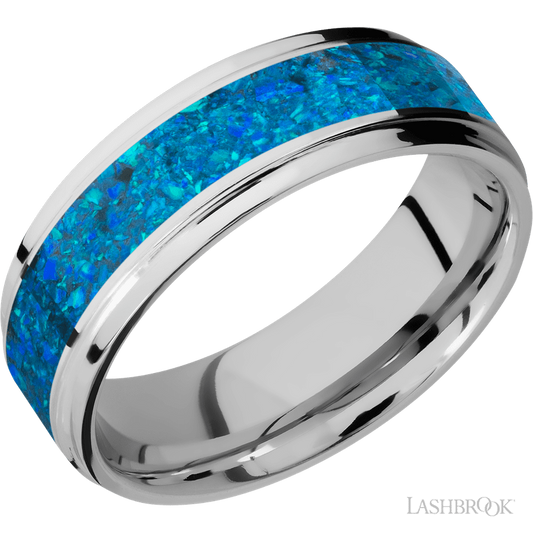 Lashbrook 7mm Flat Grooved Edges Cobalt Chrome Wedding Band — Blue Opal Inlay
