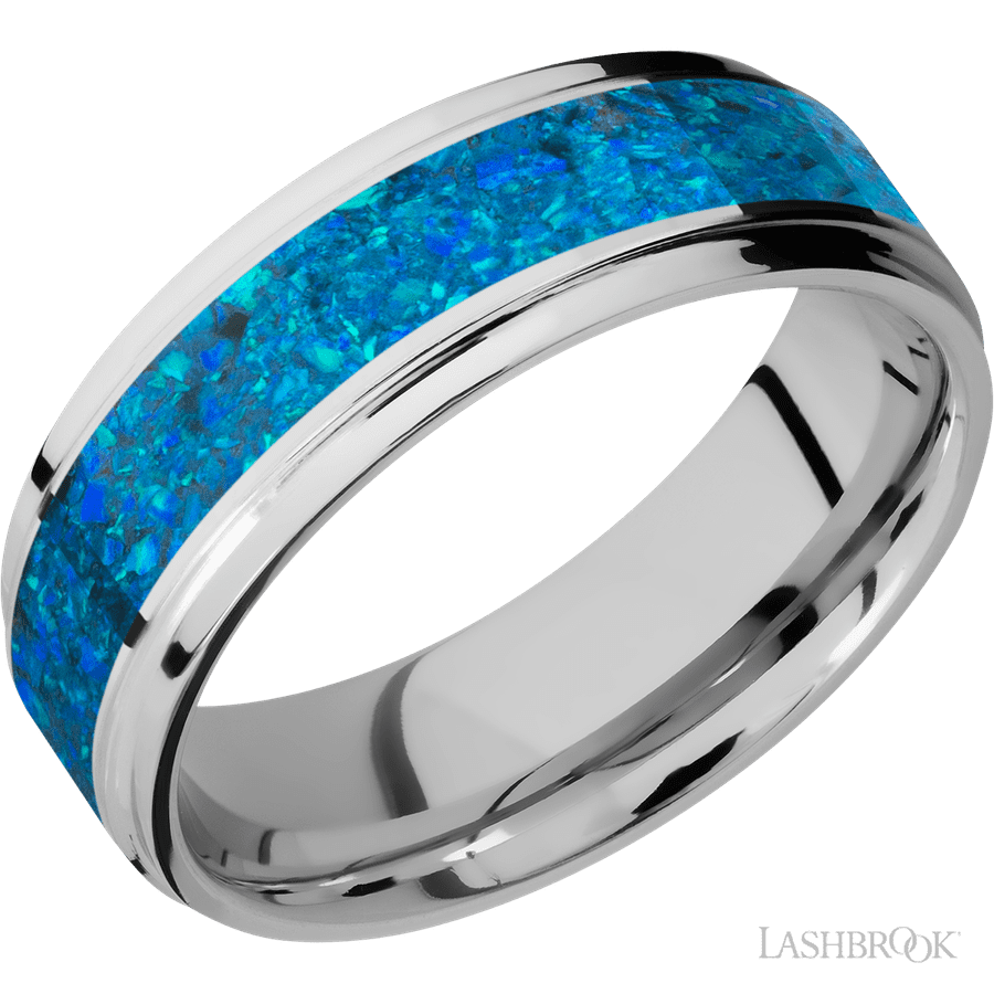 7 mm wide/Flat Grooved Edges/Cobalt Chrome band with one 4 mm Centered inlay of Blue Opal.