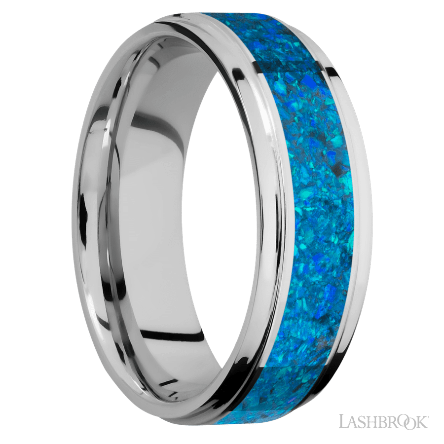 7 mm wide/Flat Grooved Edges/Cobalt Chrome band with one 4 mm Centered inlay of Blue Opal.