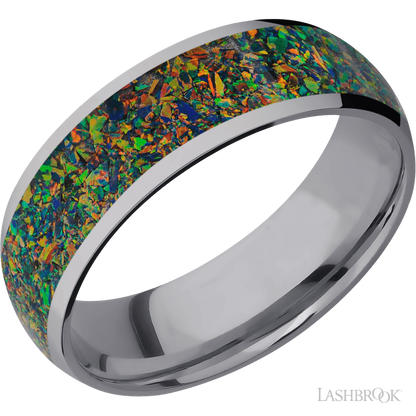 7 mm wide/Domed/Tantalum band with one 5 mm Centered inlay of Black Opal.