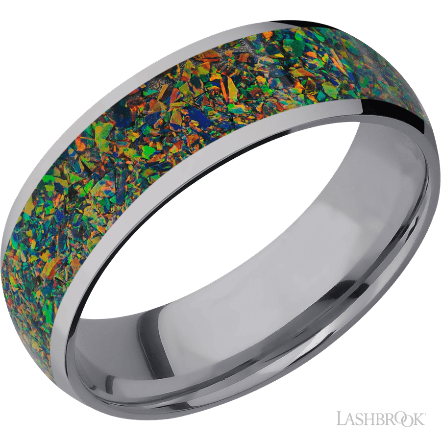 7 mm wide/Domed/Tantalum band with one 5 mm Centered inlay of Black Opal.