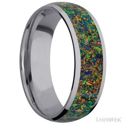 7 mm wide/Domed/Tantalum band with one 5 mm Centered inlay of Black Opal.