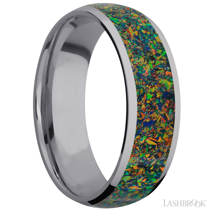 7 mm wide/Domed/Tantalum band with one 5 mm Centered inlay of Black Opal.