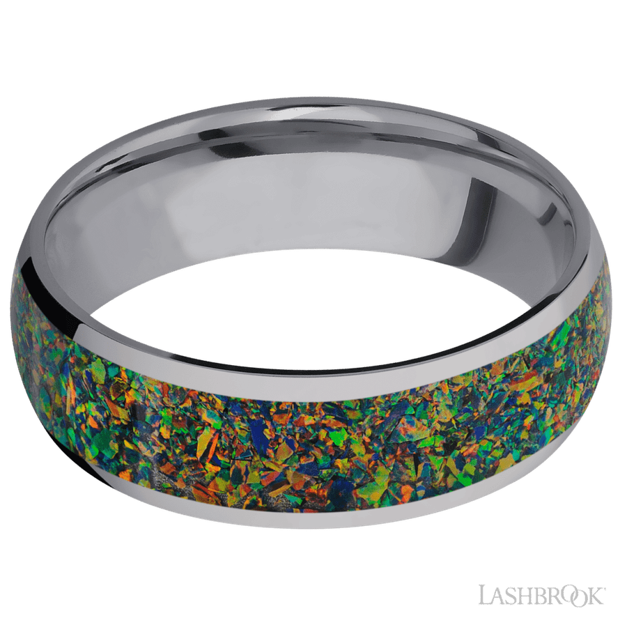 7 mm wide/Domed/Tantalum band with one 5 mm Centered inlay of Black Opal.