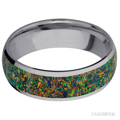 7 mm wide/Domed/Tantalum band with one 5 mm Centered inlay of Black Opal.