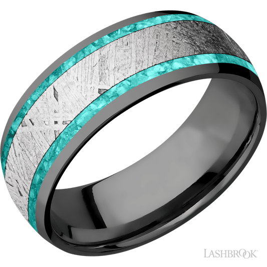 Lashbrook 8mm Domed Zirconium Wedding Band — Teal Opal and Meteorite Inlay