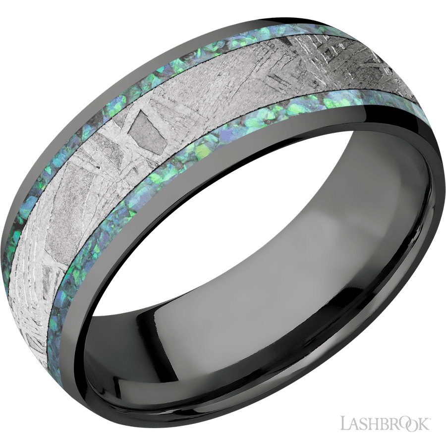 8 mm wide/Domed/Zirconium band featuring inlays of Teal Opal and Meteorite.