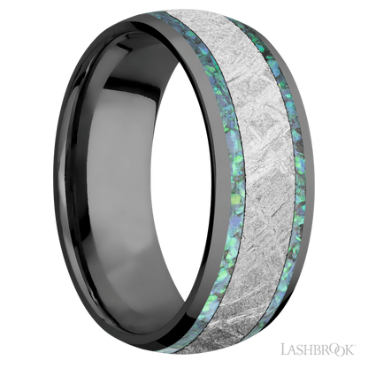 8 mm wide/Domed/Zirconium band featuring inlays of Teal Opal and Meteorite.