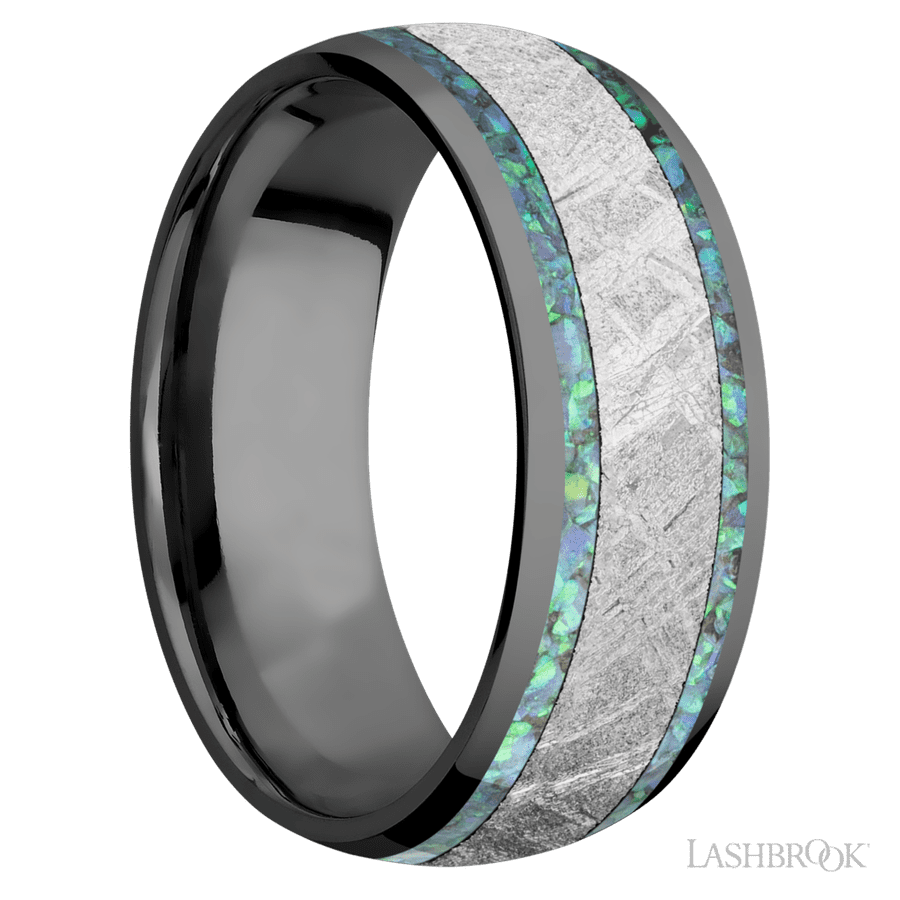 8 mm wide/Domed/Zirconium band featuring inlays of Teal Opal and Meteorite.