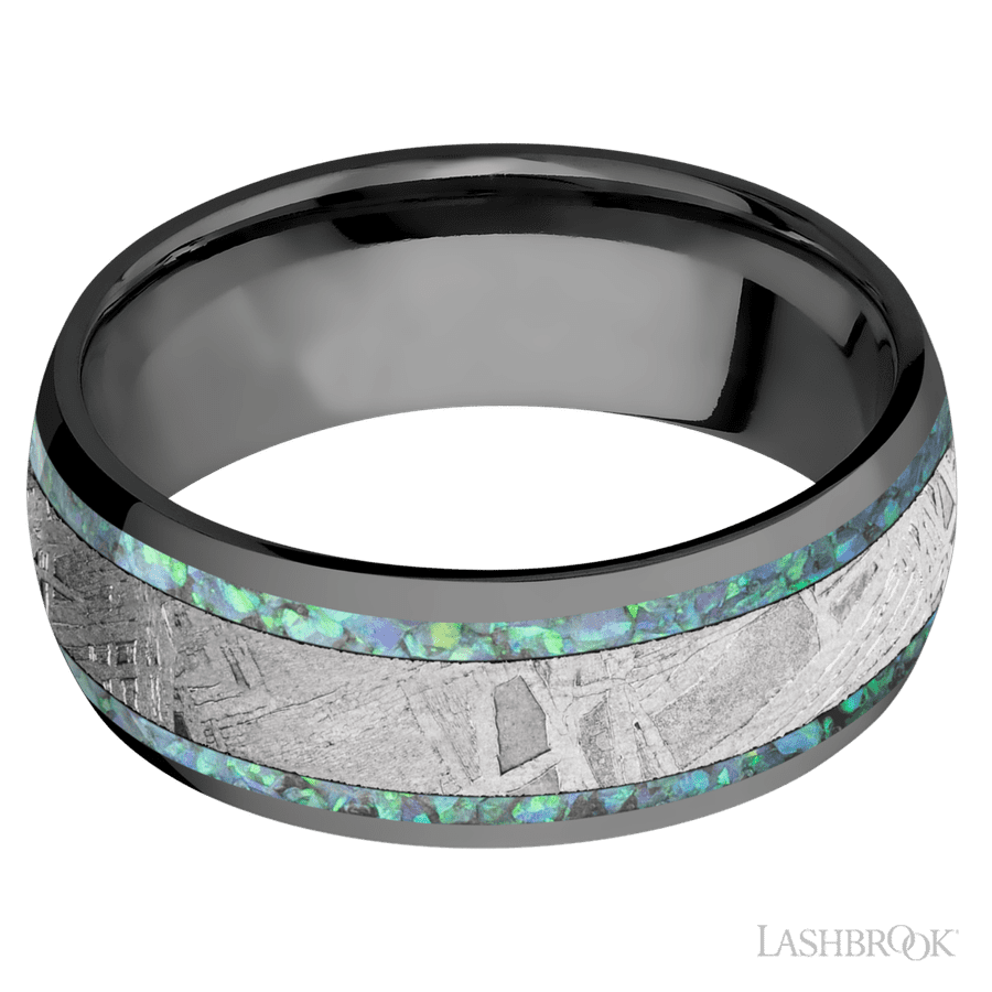 8 mm wide/Domed/Zirconium band featuring inlays of Teal Opal and Meteorite.